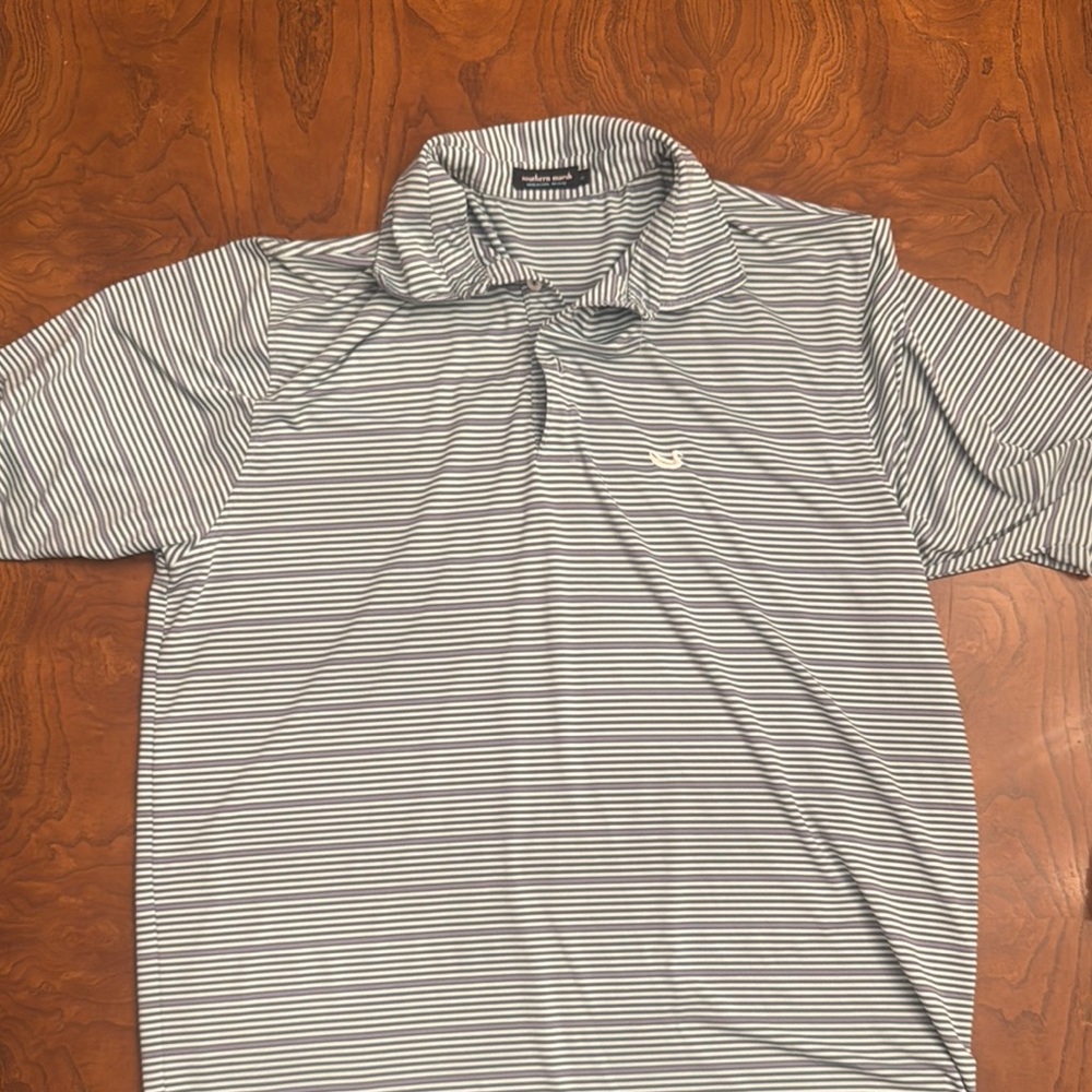 Southern Marsh Gray and White Striped Polo Shirt